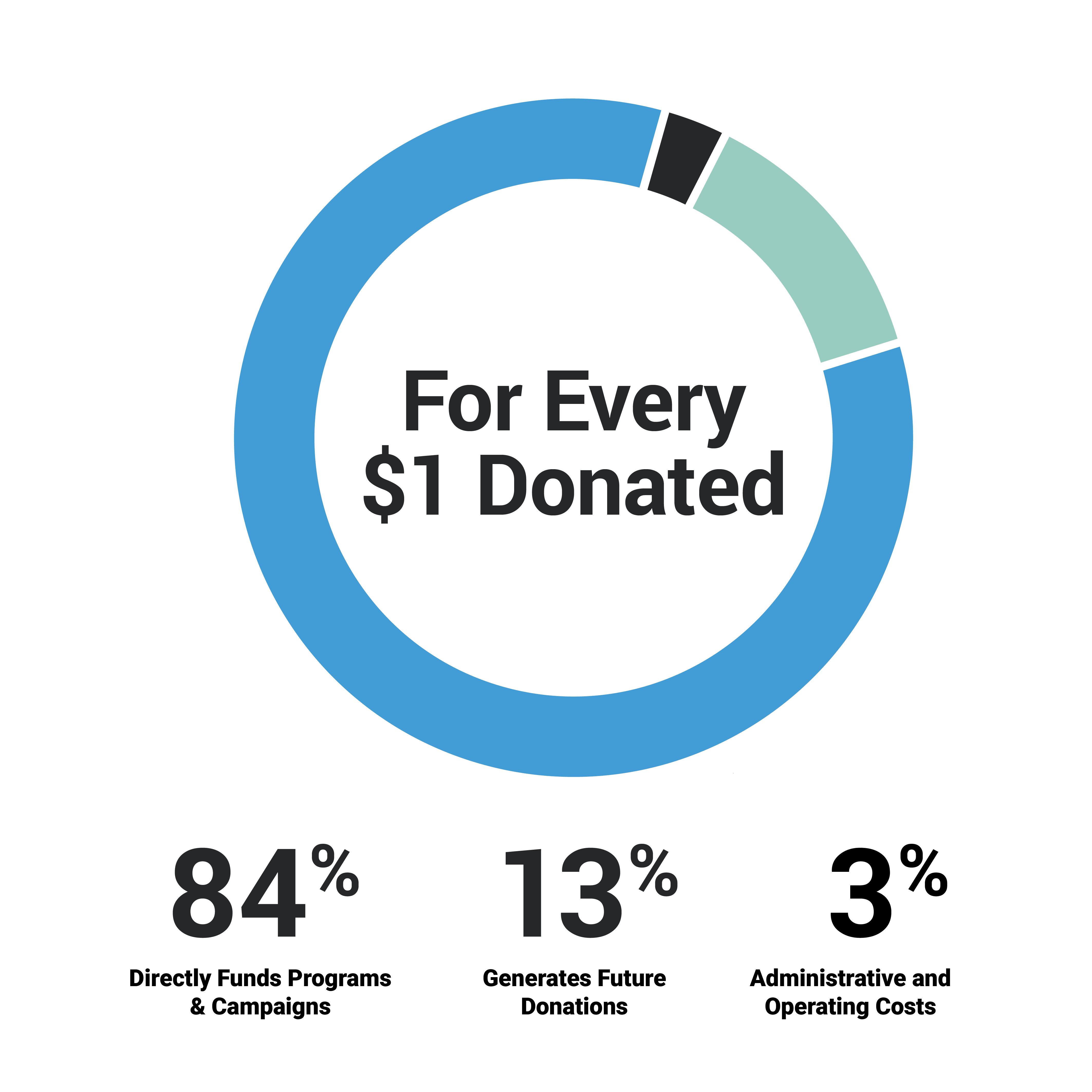 Graph showing stat that for every dollar donated 84% directly fund programs and campaigns, 13% generates future donations & 3% goes to administrative and operating costs